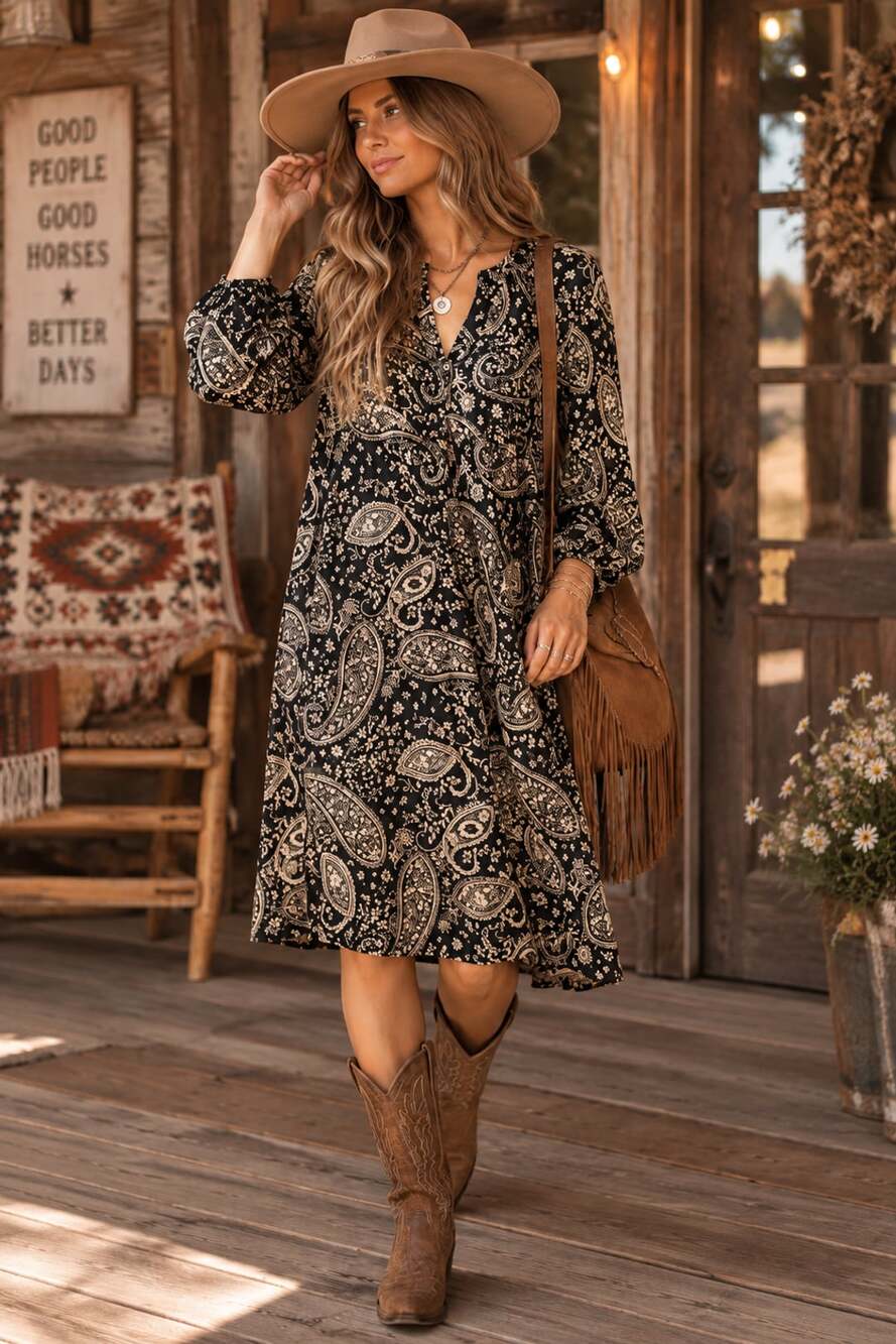 Dear Scarlett Black Tan Paisley Boho Midi Dress L Long Sleeve Western Stretch